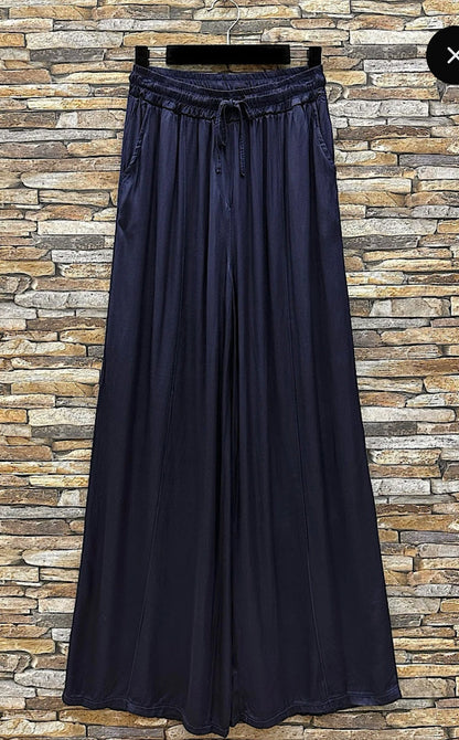 Emy Navy Satin Wide Leg Trousers