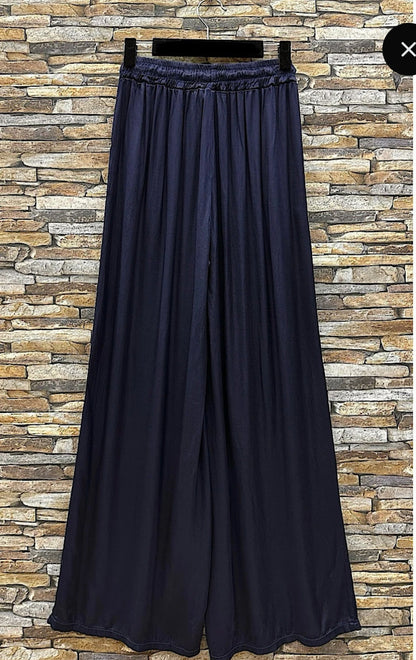 Emy Navy Satin Wide Leg Trousers