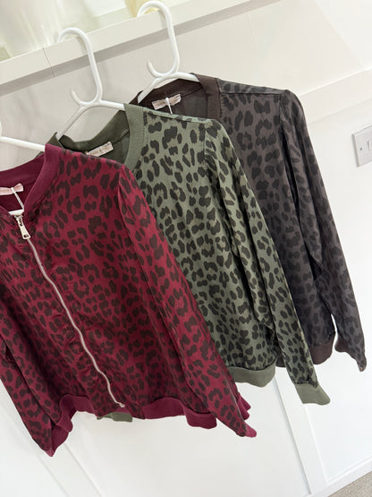 Dark Chocolate Leopard Silk Mix Bomber Jacket