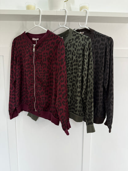 Dark Chocolate Leopard Silk Mix Bomber Jacket