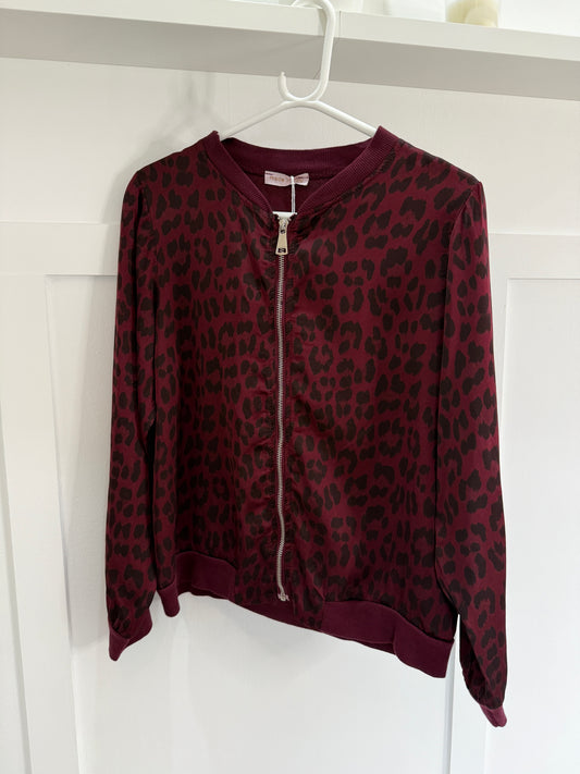 Burgundy Leopard Silk Mix Bomber Jacket