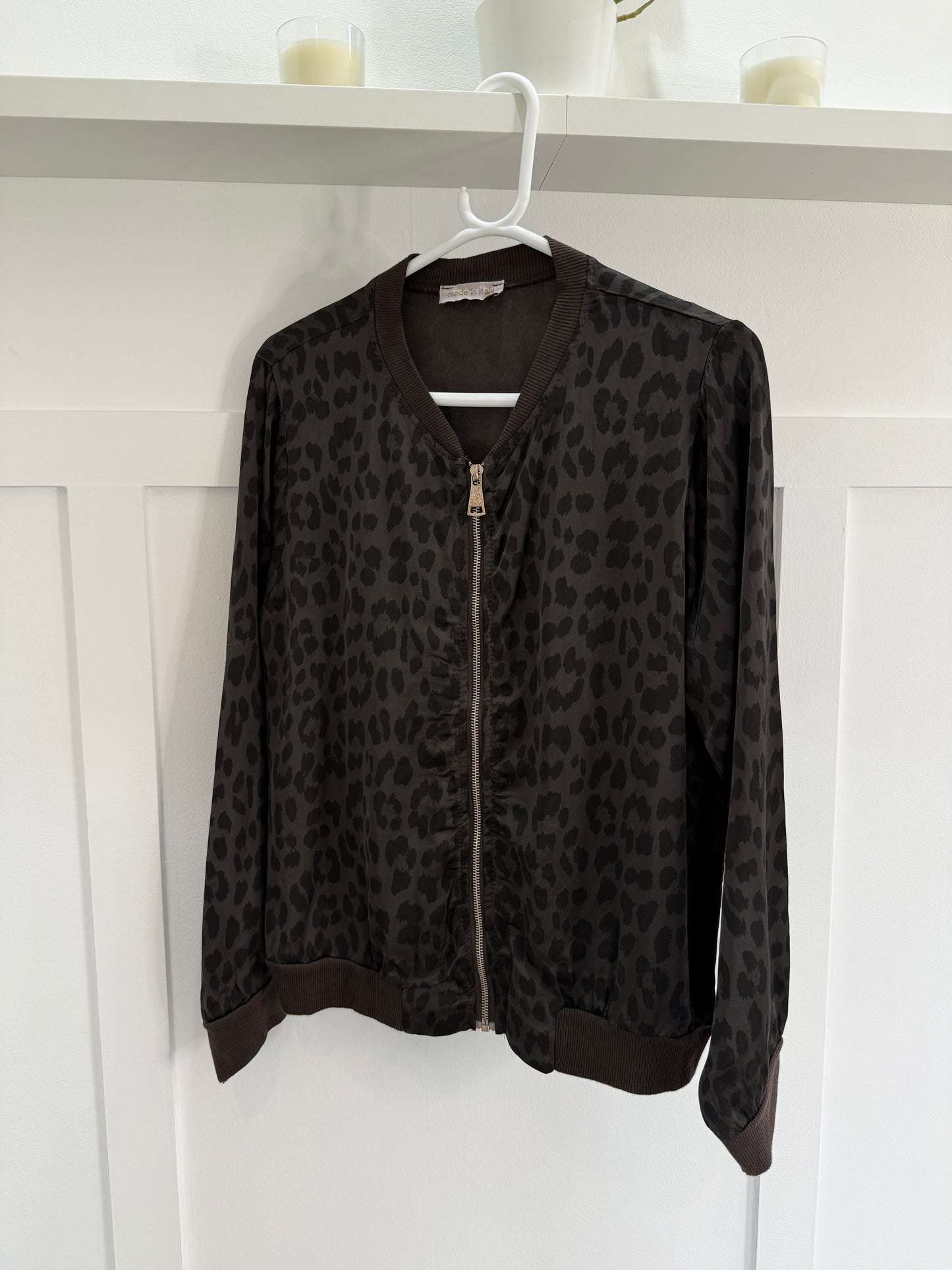 Dark Chocolate Leopard Silk Mix Bomber Jacket