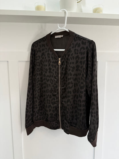 Dark Chocolate Leopard Silk Mix Bomber Jacket