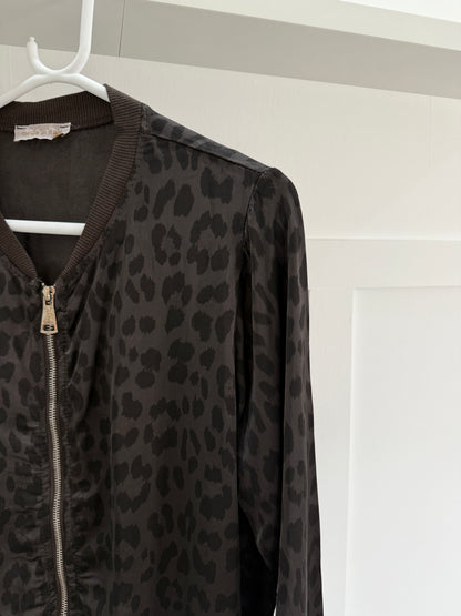 Dark Chocolate Leopard Silk Mix Bomber Jacket