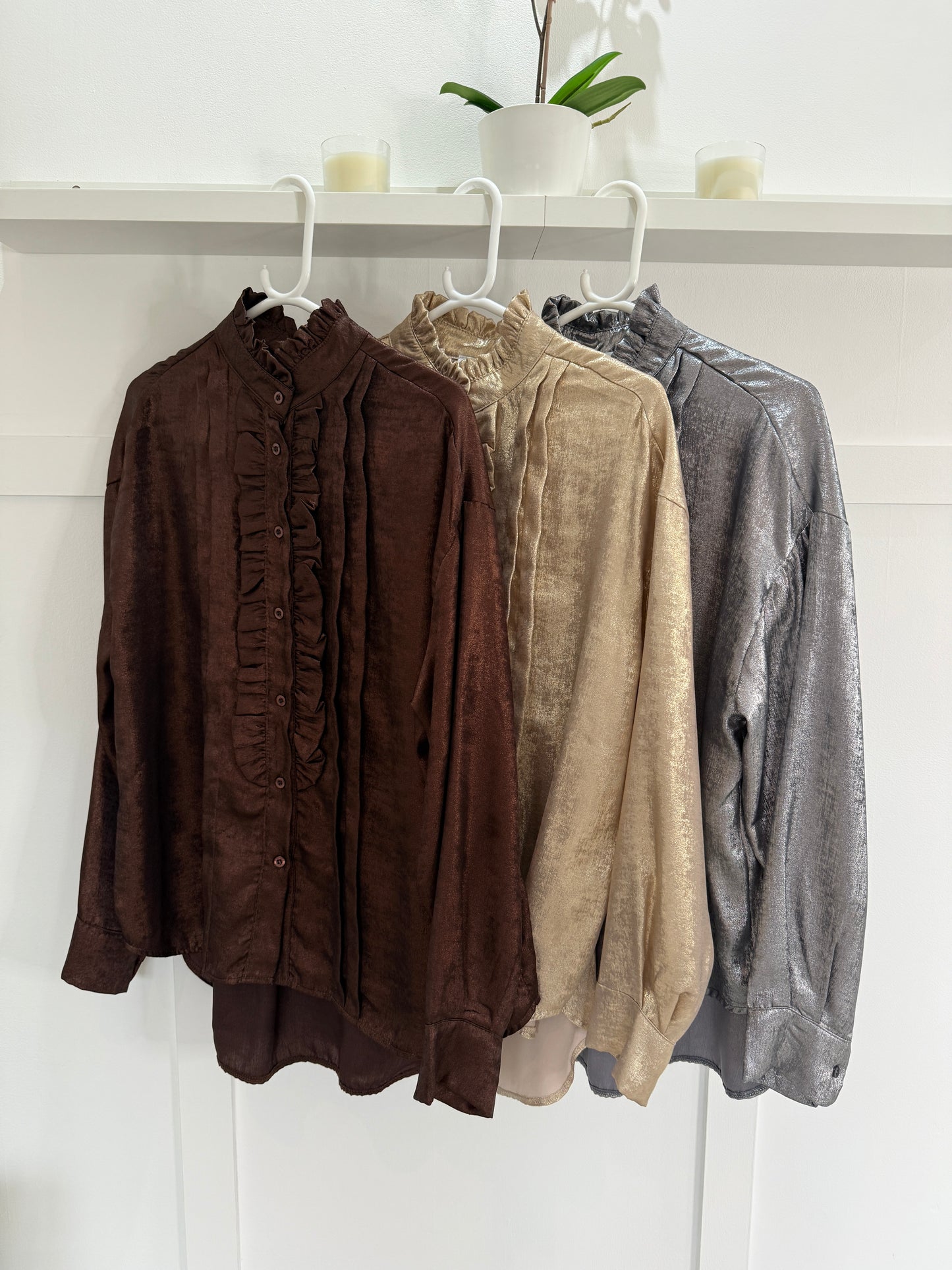 Chocolate Metallic Ruffle Front Blouse