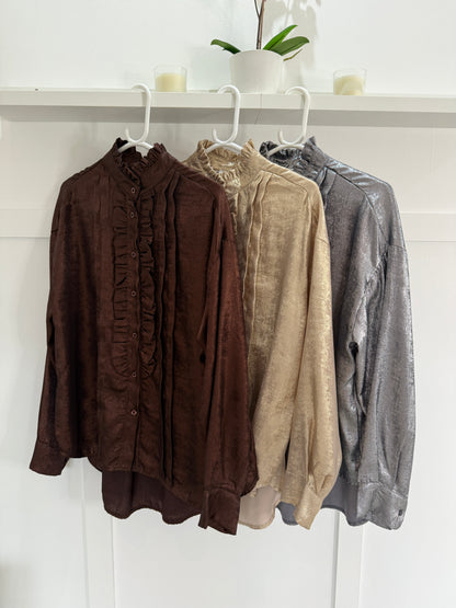 Chocolate Metallic Ruffle Front Blouse