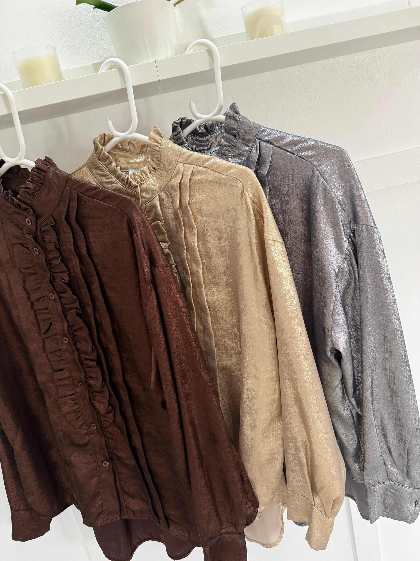 Chocolate Metallic Ruffle Front Blouse