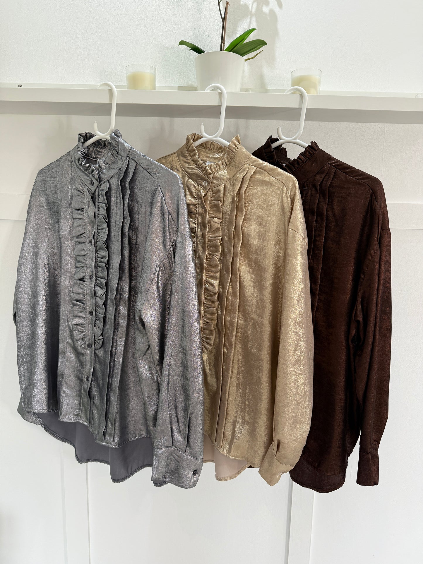 Chocolate Metallic Ruffle Front Blouse