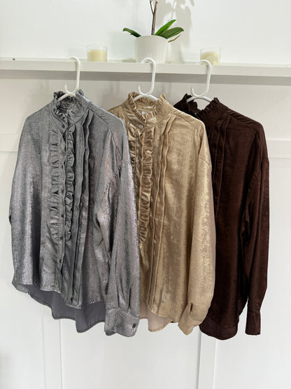 Chocolate Metallic Ruffle Front Blouse