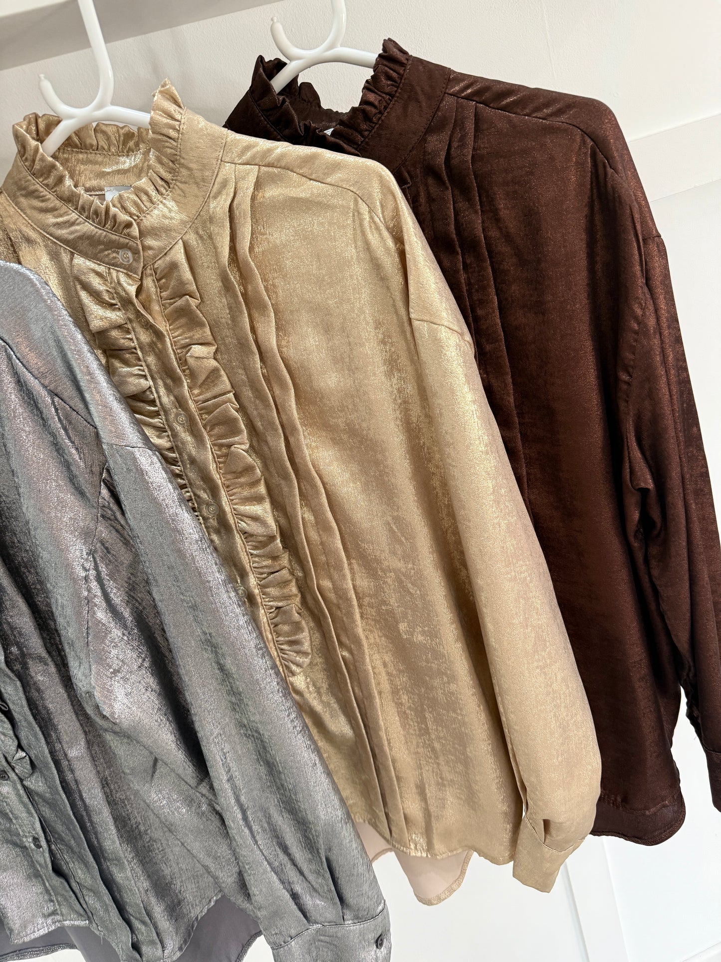 Chocolate Metallic Ruffle Front Blouse