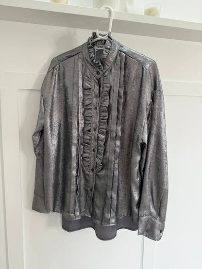 Chocolate Metallic Ruffle Front Blouse