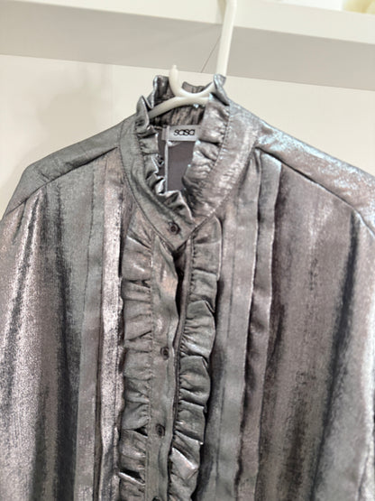 Chocolate Metallic Ruffle Front Blouse