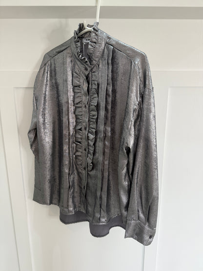 Chocolate Metallic Ruffle Front Blouse