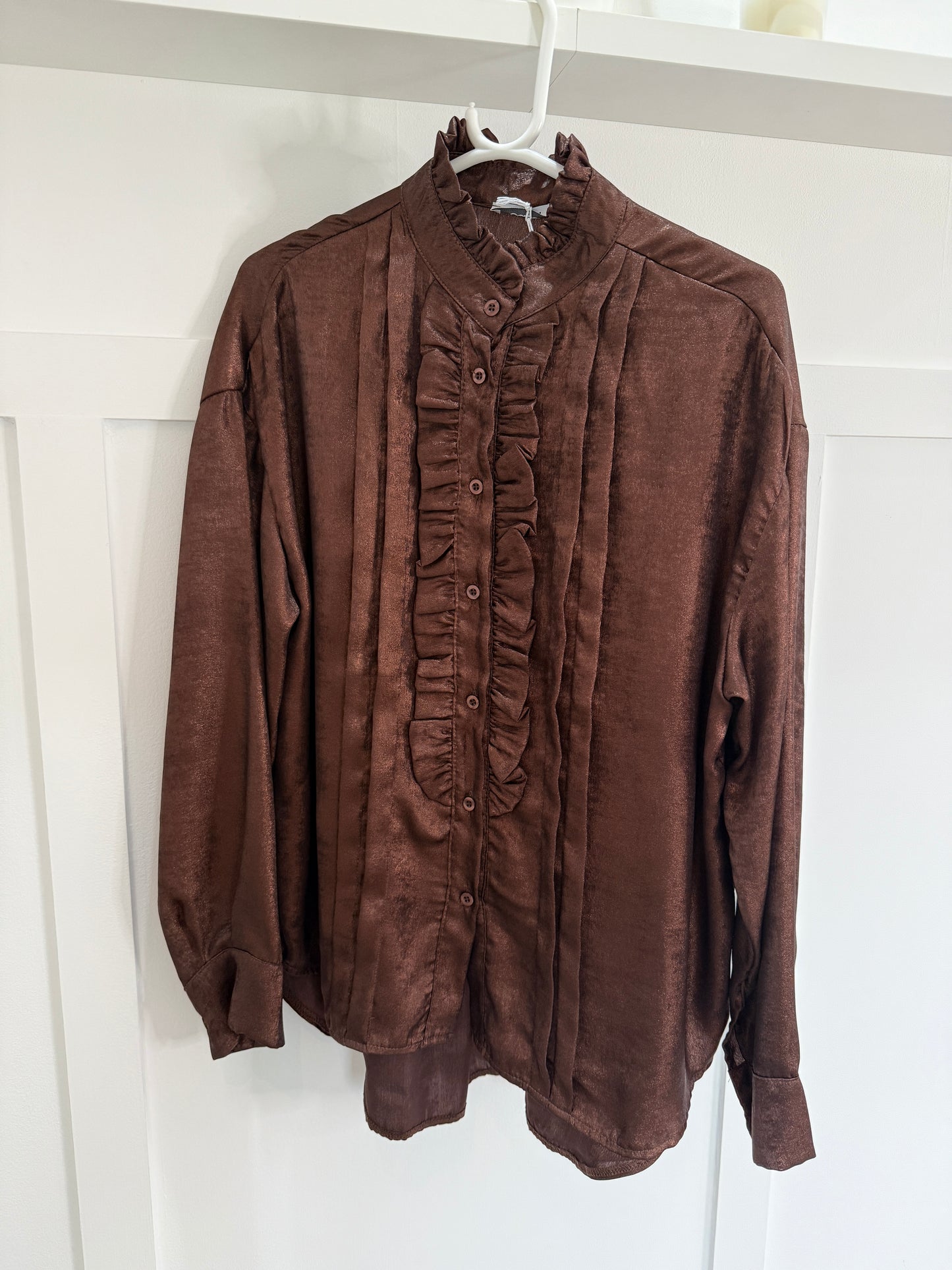 Chocolate Metallic Ruffle Front Blouse