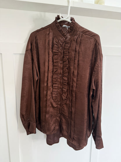 Chocolate Metallic Ruffle Front Blouse