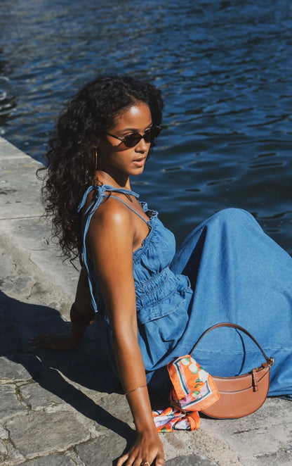 Blue Denim Tie Strap Shirred Dress