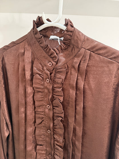 Chocolate Metallic Ruffle Front Blouse