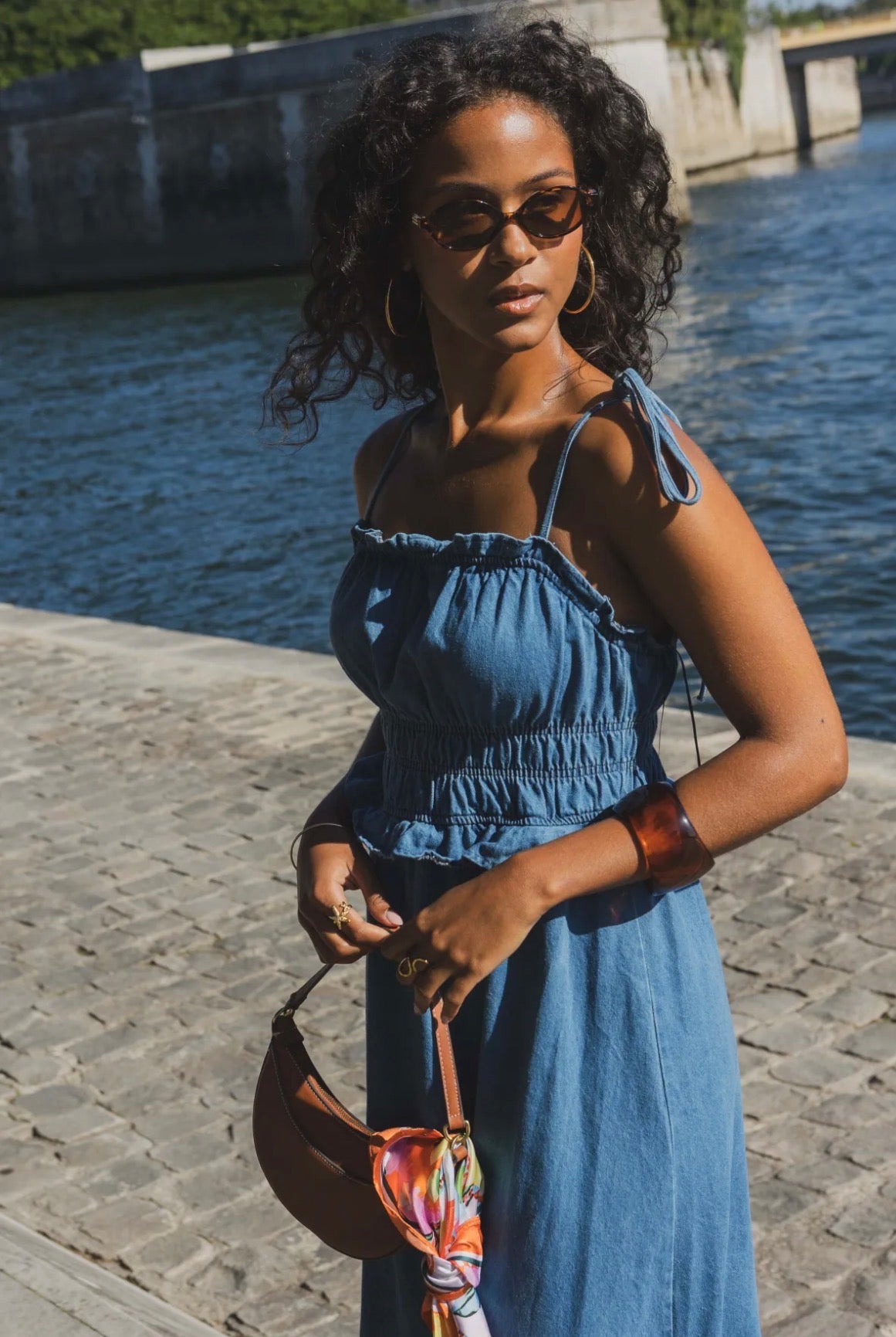 Blue Denim Tie Strap Shirred Dress