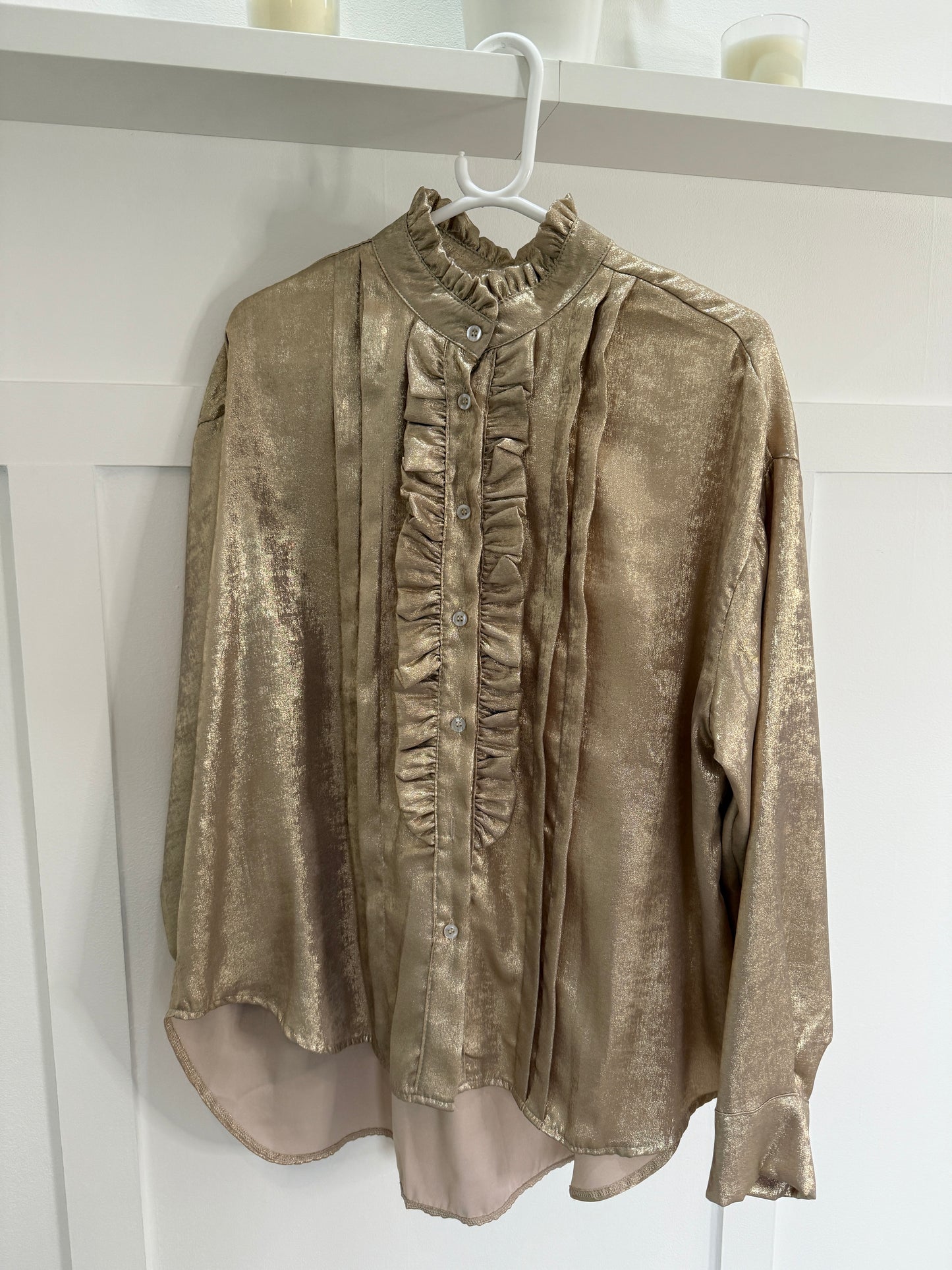 Chocolate Metallic Ruffle Front Blouse