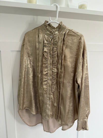 Chocolate Metallic Ruffle Front Blouse