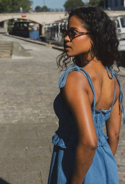 Blue Denim Tie Strap Shirred Dress