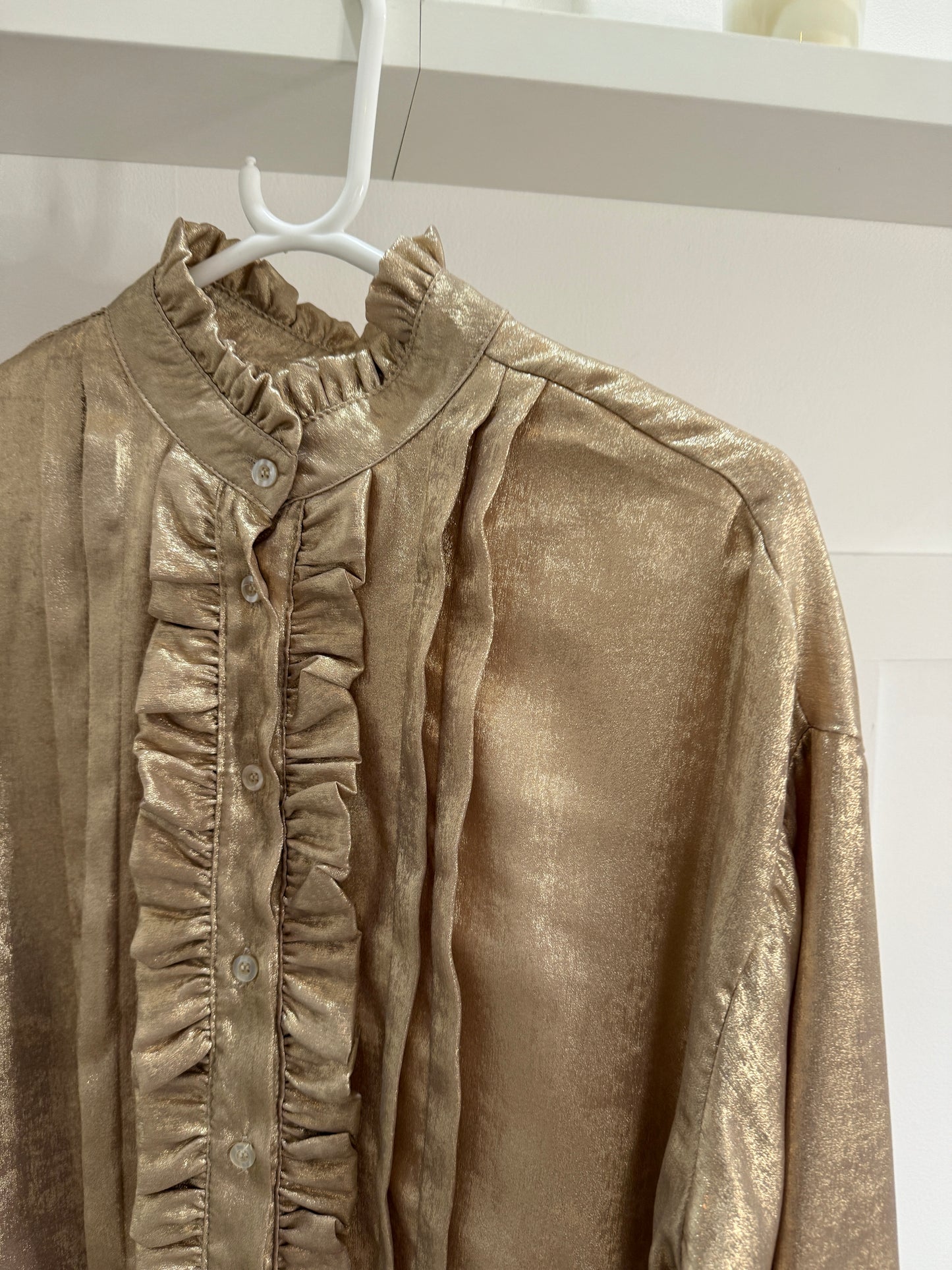 Chocolate Metallic Ruffle Front Blouse