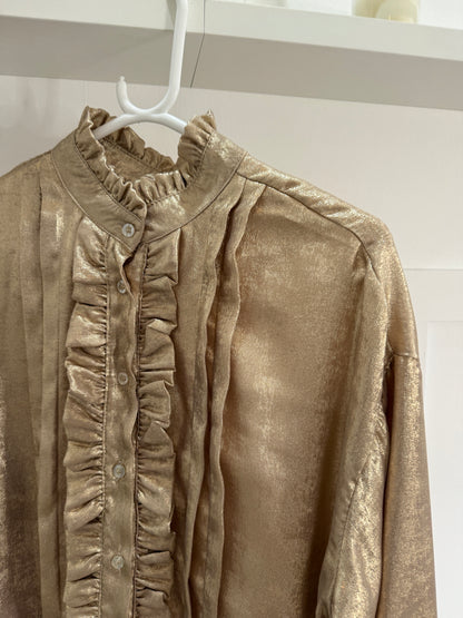 Chocolate Metallic Ruffle Front Blouse
