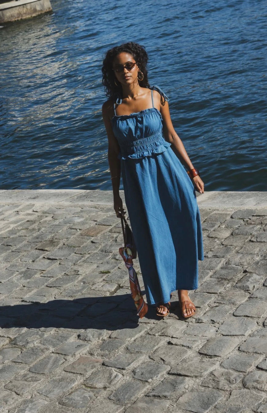 Blue Denim Tie Strap Shirred Dress