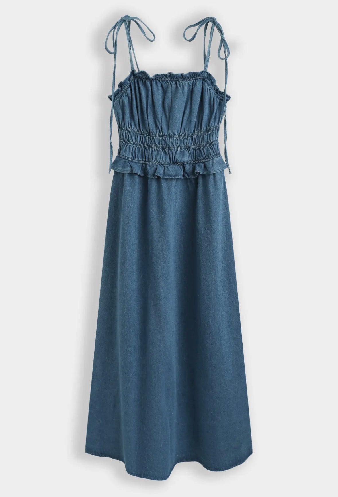 Blue Denim Tie Strap Shirred Dress