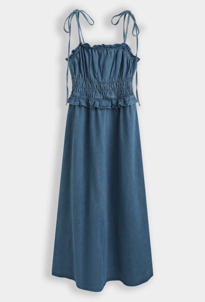 Blue Denim Tie Strap Shirred Dress