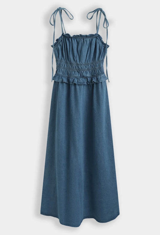 Blue Denim Tie Strap Shirred Dress