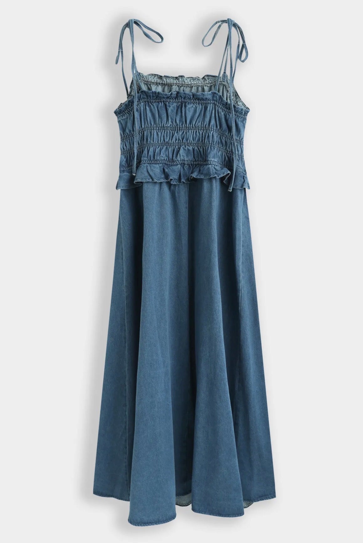 Blue Denim Tie Strap Shirred Dress