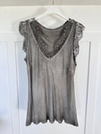 Silver/Grey Satin/Lace V Neck Top