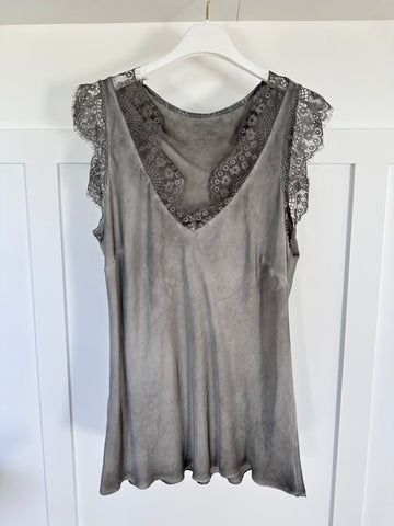 Silver/Grey Satin/Lace V Neck Top