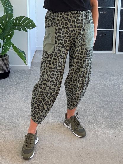 Khaki Leopard Slim Barrel Cargo Joggers