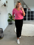 Bright Pink Fluffy S/S V Neck Jumper