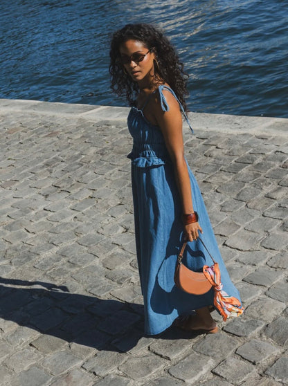 Blue Denim Tie Strap Shirred Dress