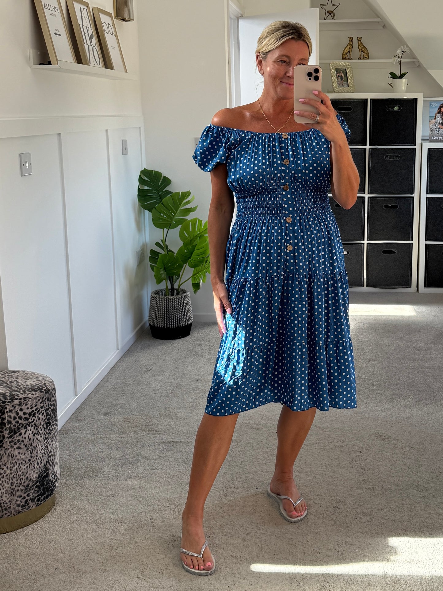 Blue Polka Dot Bardot Midi Dress