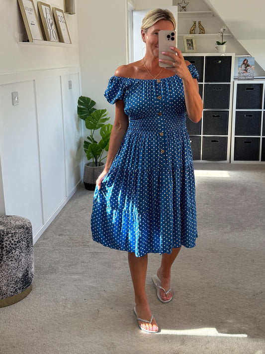 Blue Polka Dot Bardot Midi Dress