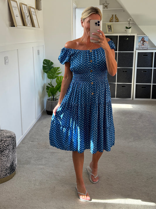 Blue Polka Dot Bardot Midi Dress
