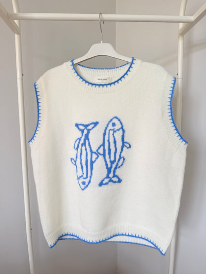 Cream/Blue Fish Motif Tank Top