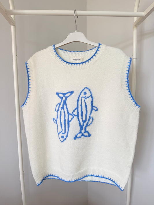 Cream/Blue Fish Motif Tank Top
