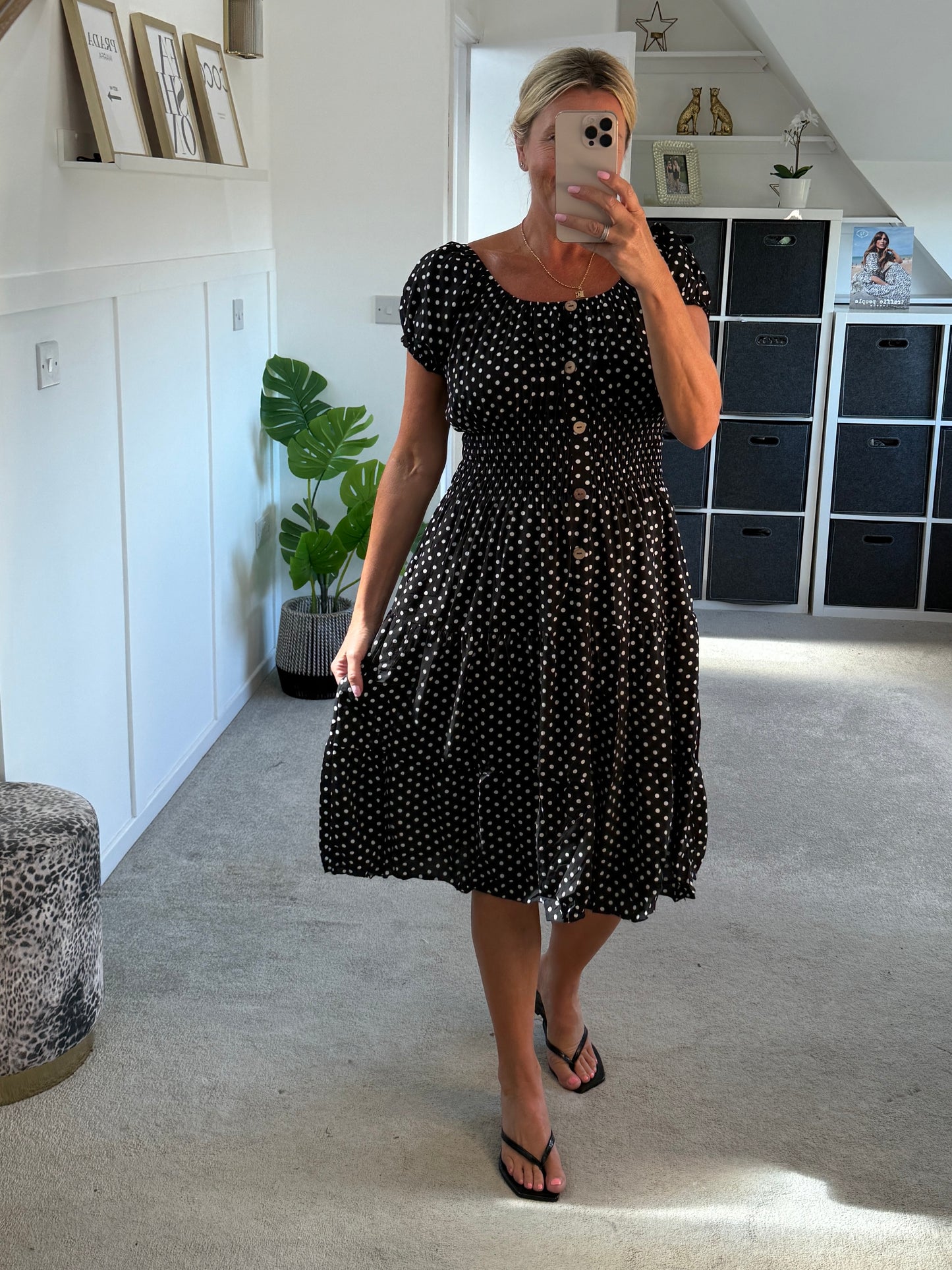 Black Polka Dot Bardot Midi Dress