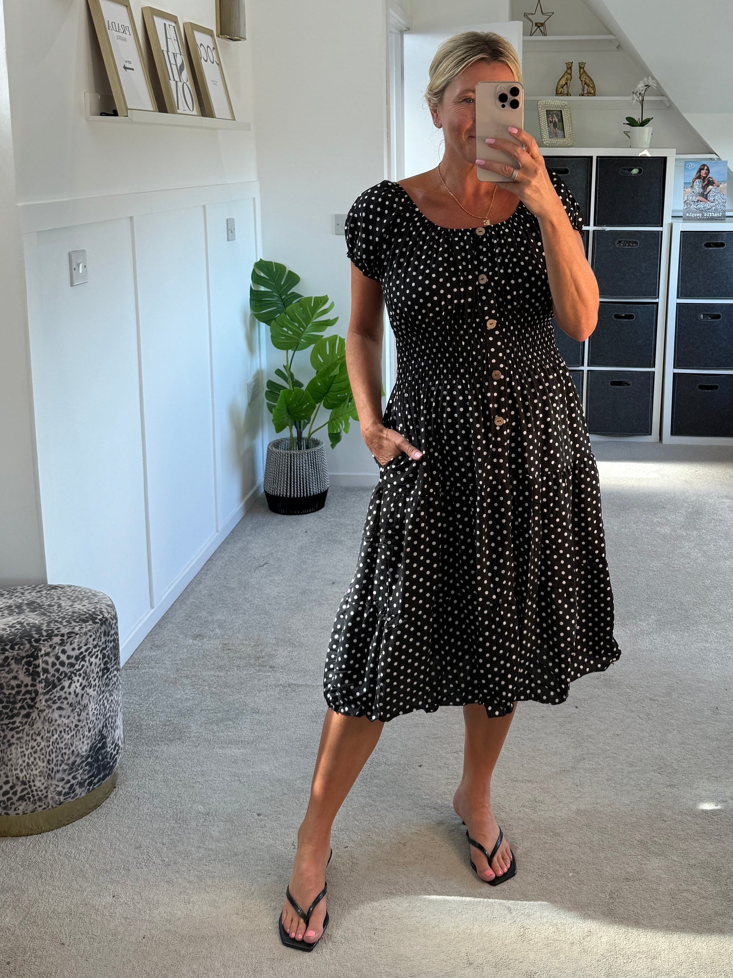 Black Polka Dot Bardot Midi Dress