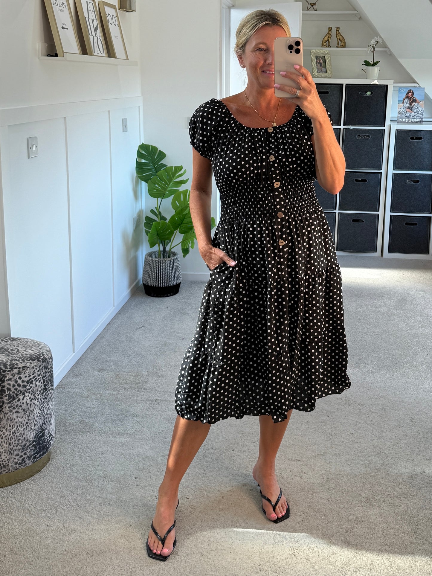 Black Polka Dot Bardot Midi Dress