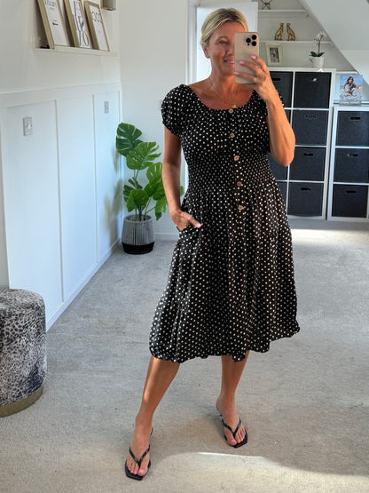 Black Polka Dot Bardot Midi Dress