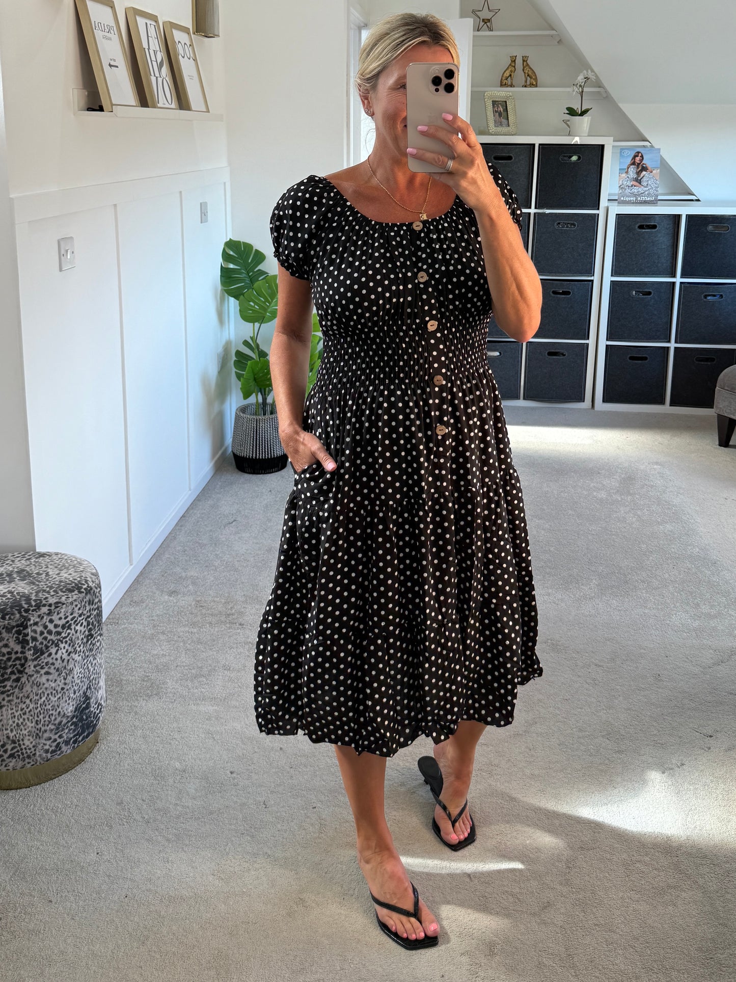 Black Polka Dot Bardot Midi Dress