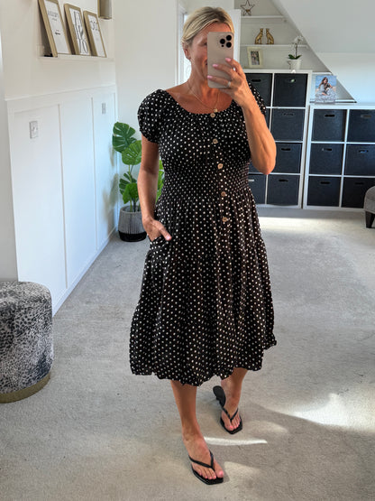 Black Polka Dot Bardot Midi Dress