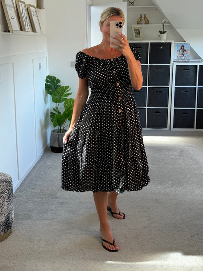 Black Polka Dot Bardot Midi Dress