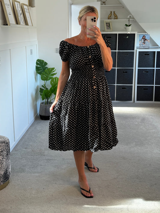 Black Polka Dot Bardot Midi Dress